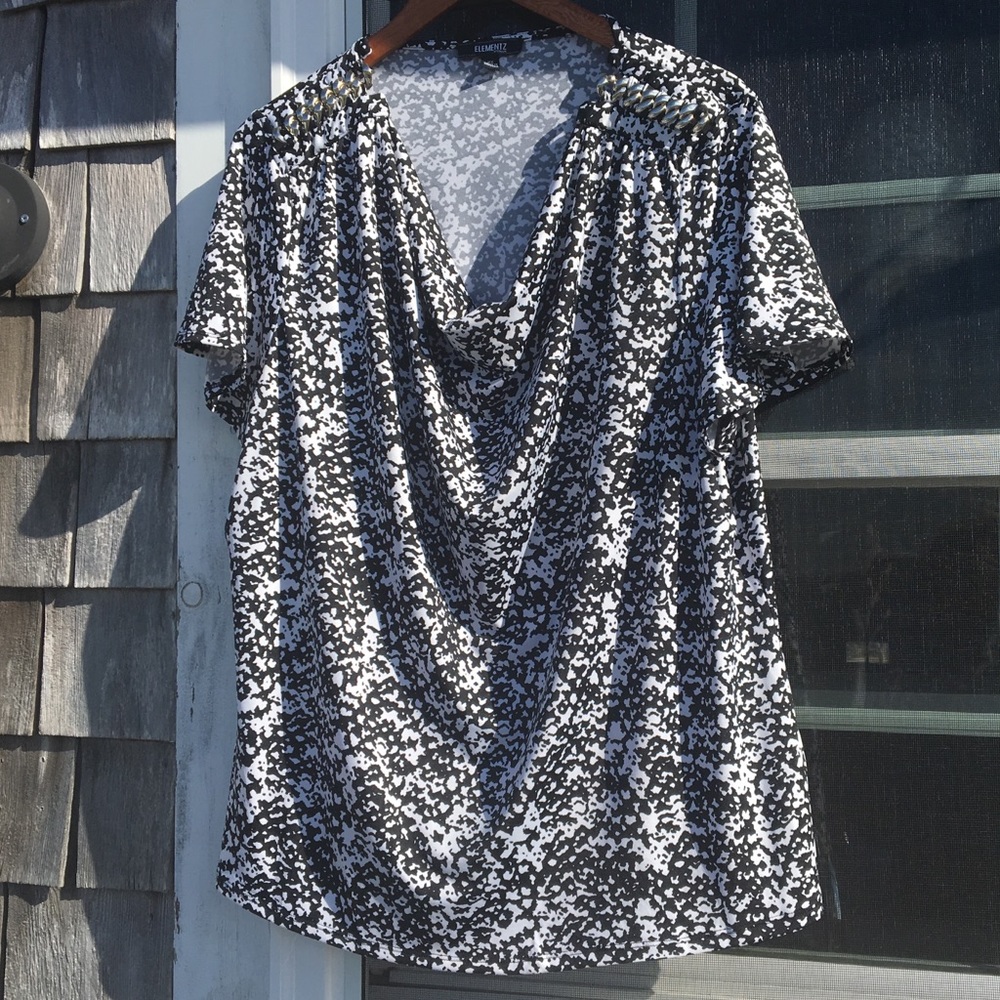 Black and White Blouse with Metal Embellishment